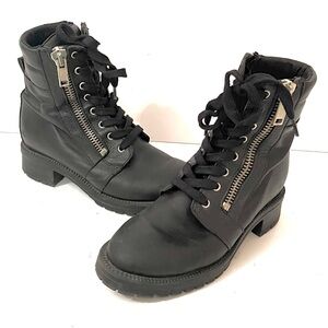 Le Château Black Leather lace up Moto Ankle Boots Side Zip Size 37